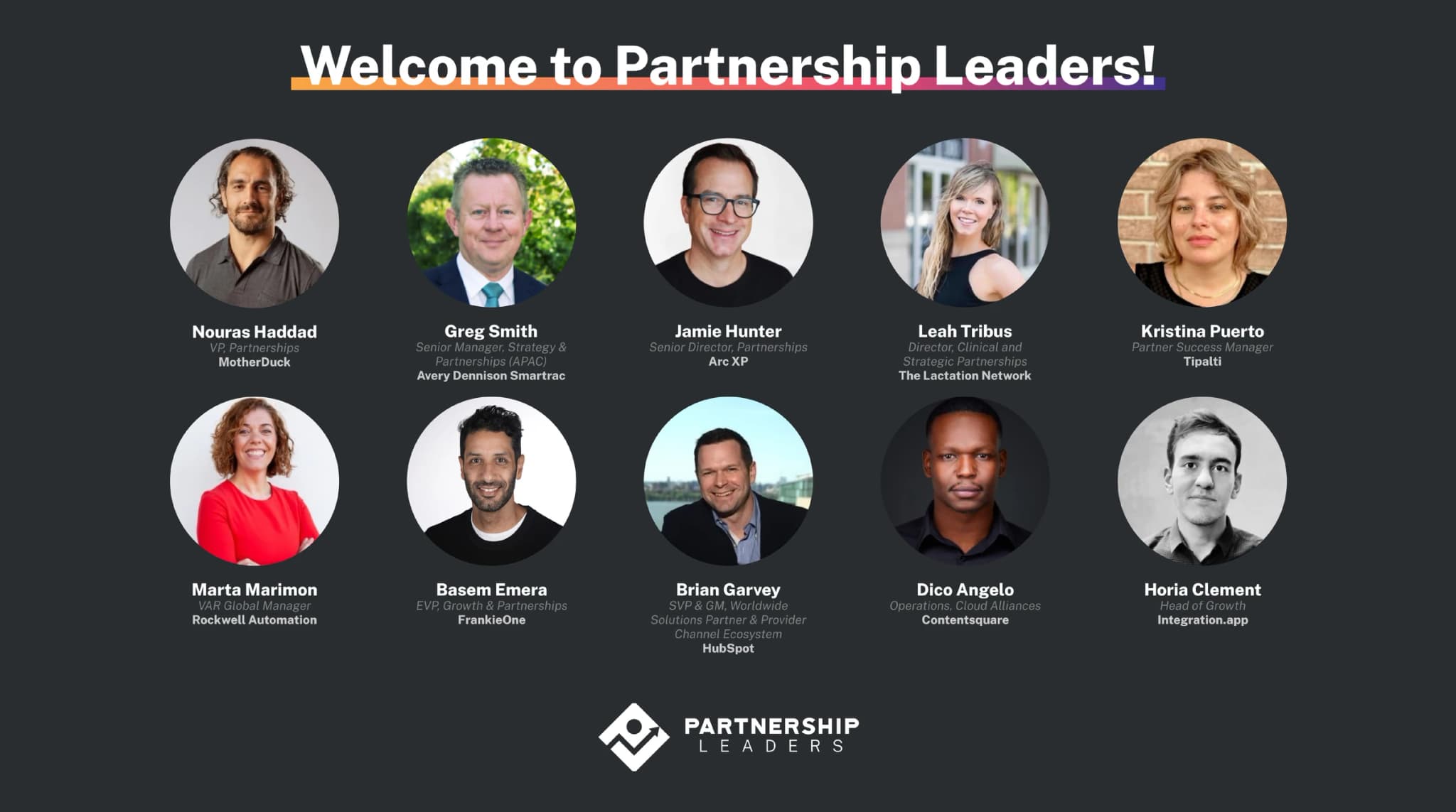 Partnership Leaders welcome card featuring Dico Angelo alongside leaders from MotherDuck, HubSpot, FrankieOne, Tipalti and others