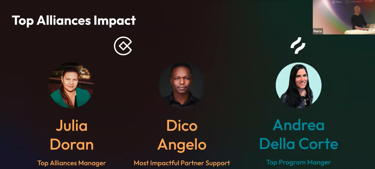 Top Alliances Impact recognition slide naming Dico Angelo as Most Impactful Partner Support, alongside Julia Doran (Top Alliances Manager) and Andrea Della Corte (Top Program Manager)